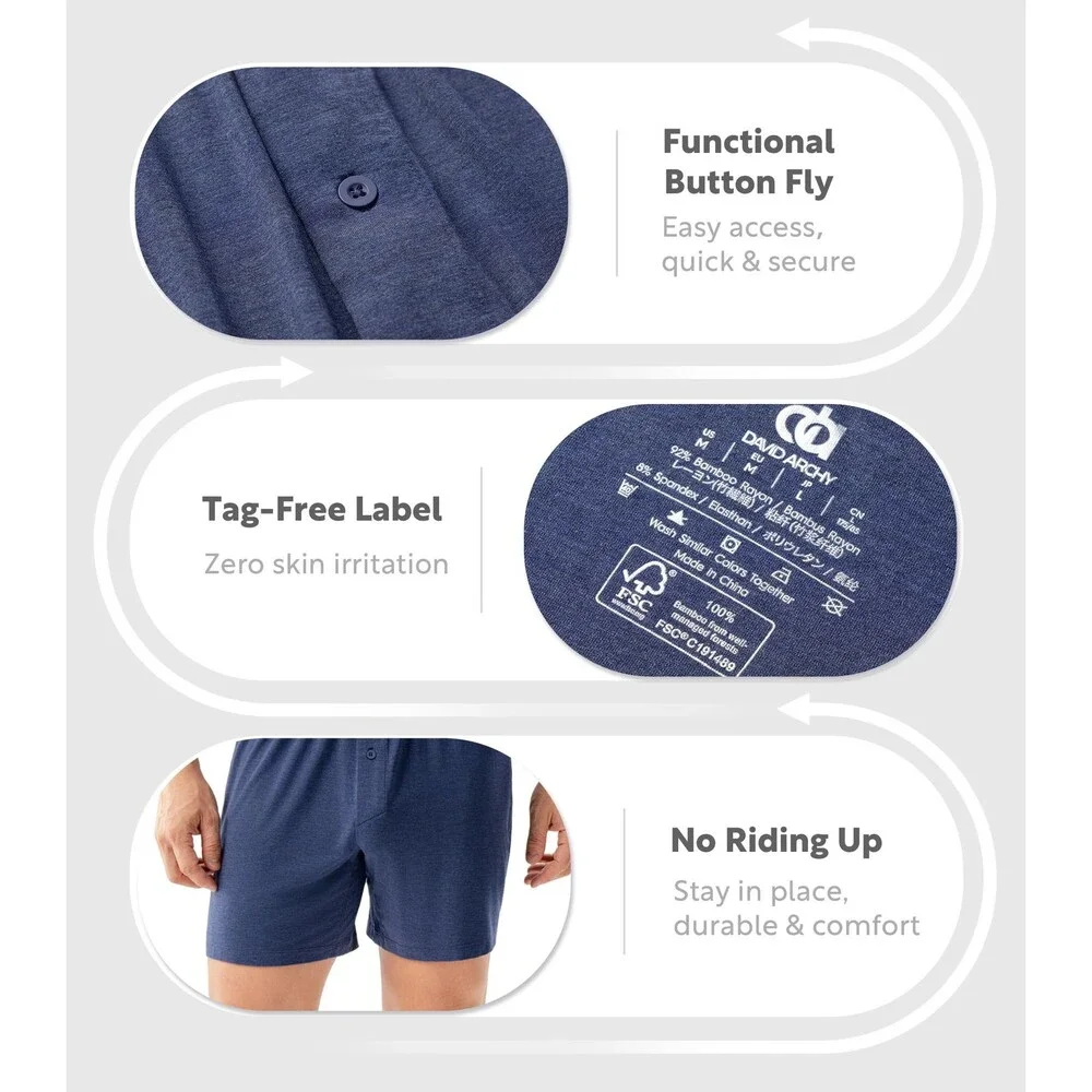 DAVID Men's Navy Blue ARCHY Boxer Shorts Bamboo Rayon Breathable Men Loose XL